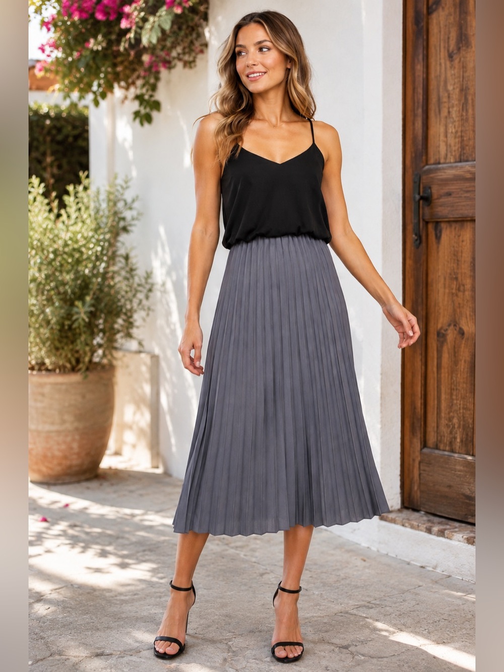 LOFT Pleated Midi Dress Black & Gray Colorblock Size Small - Picture 1 of 6